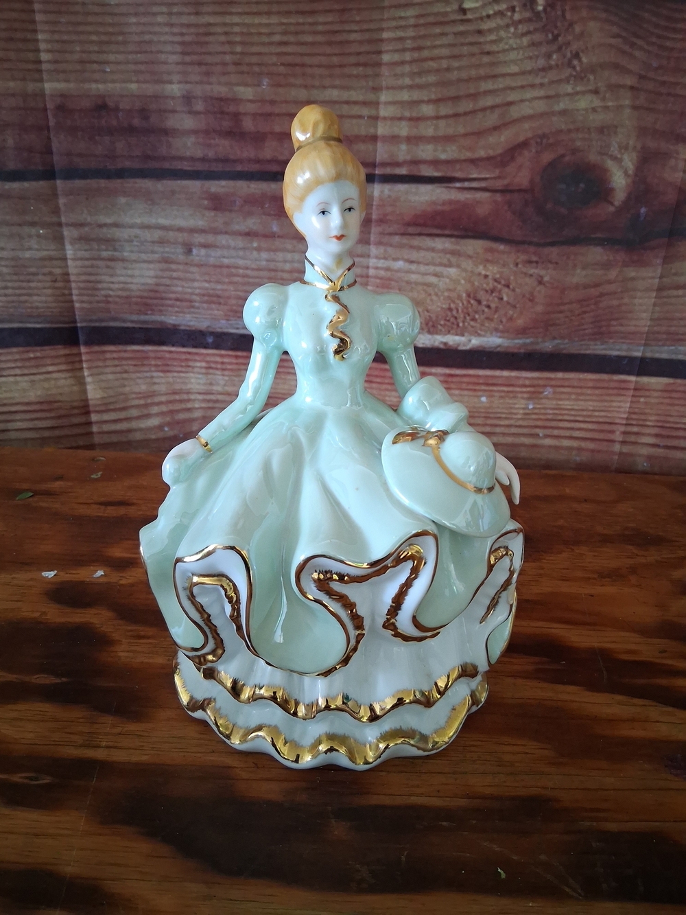 Porcelain Lady Figurine with Gold Trim - Pale Mint Music Box (Non-working)